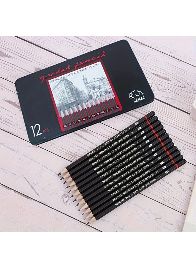 12 Sticks Professional Drawing Pencils Set 2H 8B Hardness Range Tin Box - Image 3