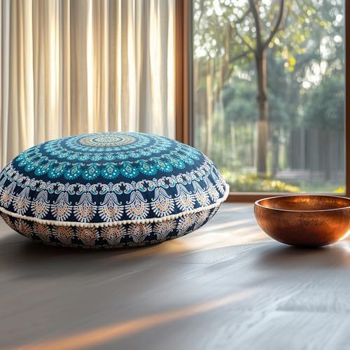 Codi Meditation Floor Pillow Set of 2, Round Large Pillows Seating for Adults, Bohemian Mandala Circle Cushion for Outdoor Fireplace Yoga Living Room, 32 Inch, Memory Foam Added, Navy - Image 4