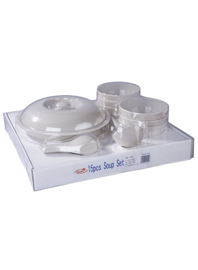 15-Piece Melamine Soup Set Ivory, 6pcs Small Bowl 5 inch, 1pc Large Bowl w/lid 10 inch, 1pc Soup Ladle, 6pcs Soup Spoon