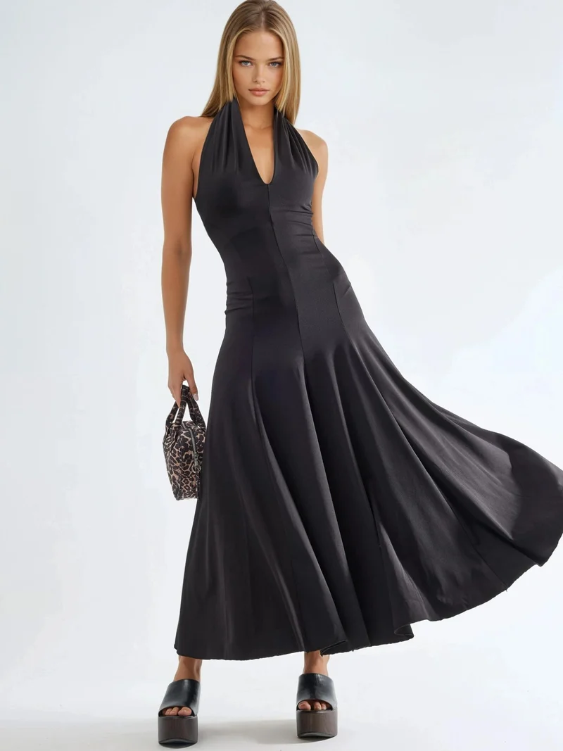 Qustyle QU STYLE Halter Neck Maxi Dress