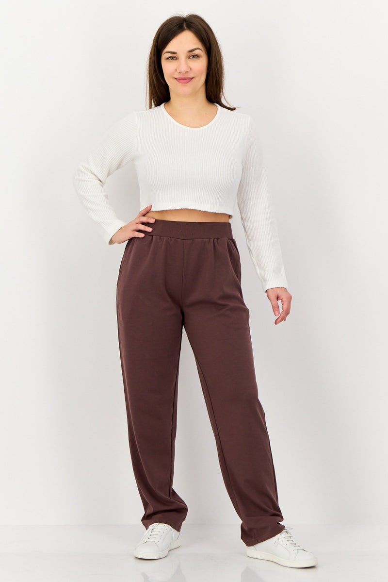 Algspar Women Regular Fit Solid Straight Leg Pants, Brown - Image 4