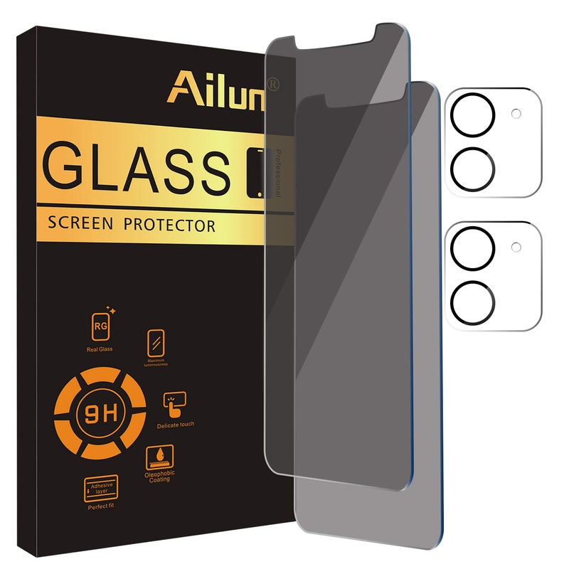 Ailun 2Pack Privacy Screen Protector for iPhone 12 [6.1 inch] + 2 Pack Camera Lens Protector, Anti Spy Private Tempered Glass Film,[9H Hardness] - HD - Image 1