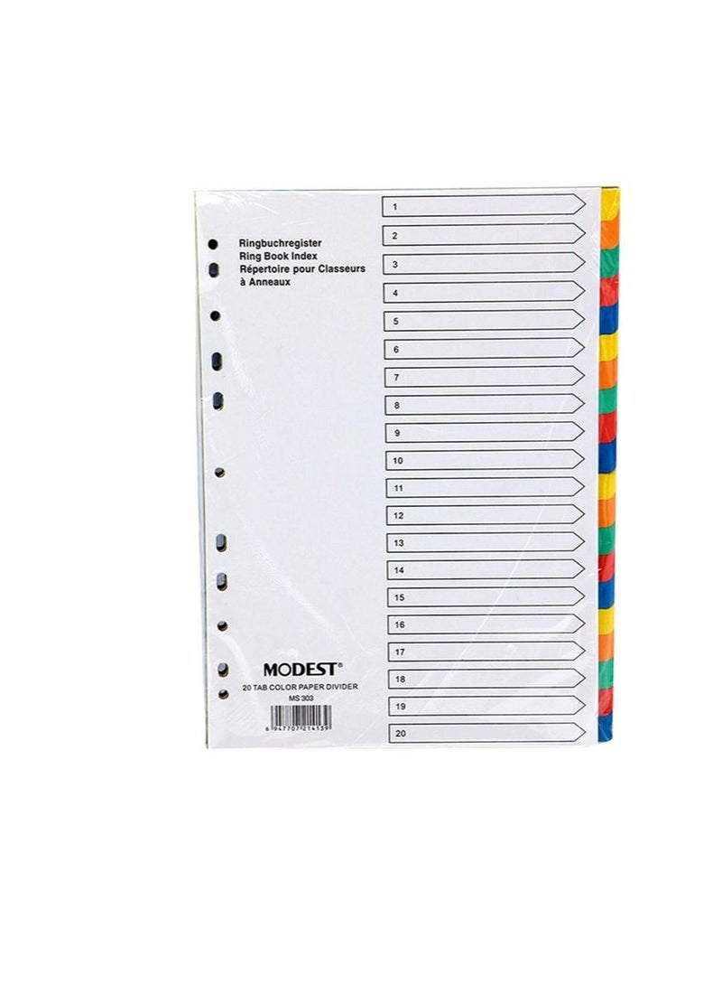 MODEST فاصل ورق محتشم، A4 1-20 لون، Ms303، 10 مجموعات، متعدد الألوان