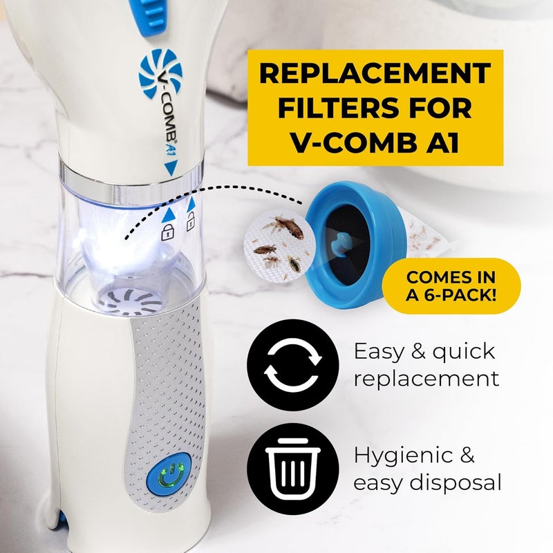 V-Comb A1 Rechargeable Chemical-Free Lice Removal Electric Comb, Pack of Refill Filters, Natural Head Lice Solution for Children & Adults, Electric Lice Vacuum Comb, for All Hair Types, Gentle Lice Care - Image 2