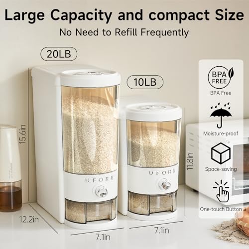 UFORU Rice Dispenser 20 lbs | Large Rice Storage Container for Kitchen&Pantry - Space-saving, Moisture & Pest-proof, BPA-Free - Dry Food Dispenser with One-Touch Dispenser & Measuring Cup for Families - Image 2
