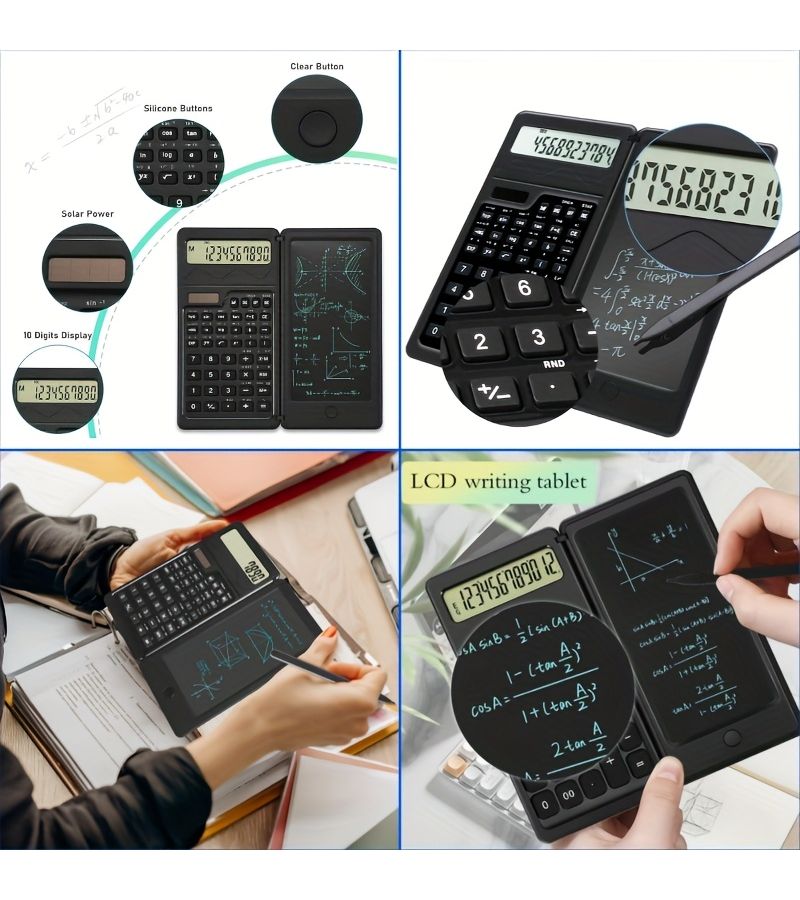 Black Solar Folding Scientific Calculator With Handwriting Board Dual Power Solar And Button Battery Portable Function Counter For Office Learning 10 Digit LCD Display - Image 4