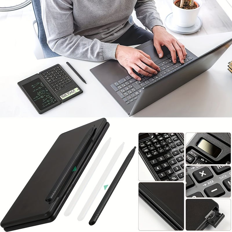Black Solar Folding Scientific Calculator With Handwriting Board Dual Power Solar And Button Battery Portable Function Counter For Office Learning 10 Digit LCD Display - Image 5