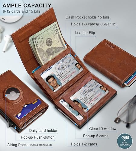 miyozi Airtag Wallet for Menwith Cash Pocket 2 ID Window 912 CardsMetal Case Smart Slim Pop Up Credit Card Holder Flip with Magnetic Closure RFID Blocking Trifold wallet with Gift Box - Image 3