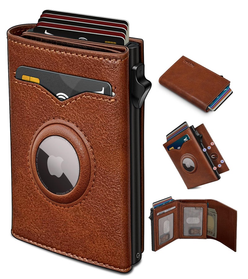 miyozi Airtag Wallet for Menwith Cash Pocket 2 ID Window 912 CardsMetal Case Smart Slim Pop Up Credit Card Holder Flip with Magnetic Closure RFID Blocking Trifold wallet with Gift Box - Image 2