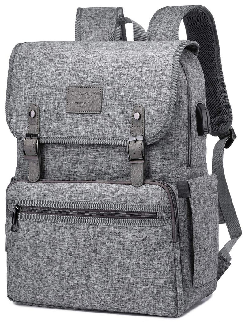 HFSX Laptop Backpack Men Women Vintage Backpack Bookbag College Backpacks Stylish Backpack Grey Fits 15.6 Inch Laptop - Image 1