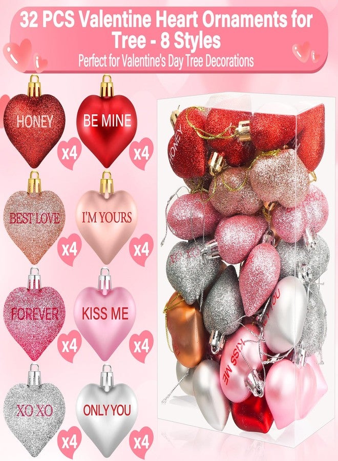 Cludoo 32PCS Valentines Tree Decorations Heart Ornaments, 8 Styles Valentines Day Heart Shaped Ornaments with Sweet Love Words Heart Baubles for Romantic Valentines Tree Decor Wedding Anniversary Decor - Image 2