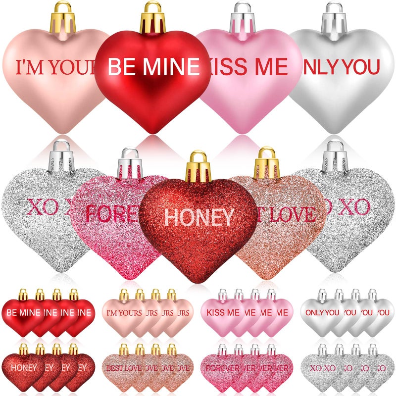Cludoo 32PCS Valentines Tree Decorations Heart Ornaments, 8 Styles Valentines Day Heart Shaped Ornaments with Sweet Love Words Heart Baubles for Romantic Valentines Tree Decor Wedding Anniversary Decor - Image 1
