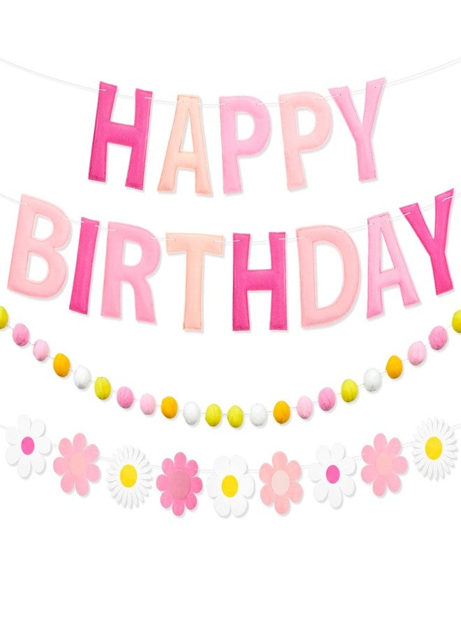 Mindsoft Pre Strung 3 Pcs Happy Birthday Banner Felt Ball Garland Pink and White Flower Banner Reusable Bulk Pink Birthday Decorations for Girls Boys Women Men - Image 1