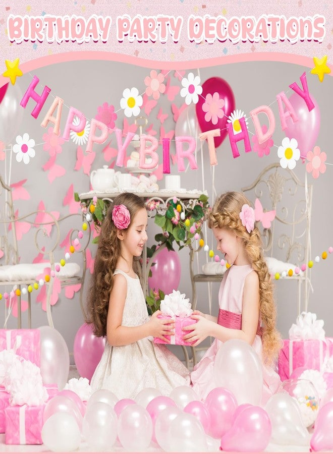 Mindsoft Pre Strung 3 Pcs Happy Birthday Banner Felt Ball Garland Pink and White Flower Banner Reusable Bulk Pink Birthday Decorations for Girls Boys Women Men - Image 3