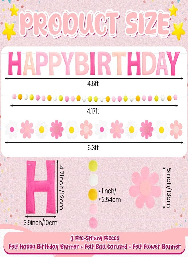 Mindsoft Pre Strung 3 Pcs Happy Birthday Banner Felt Ball Garland Pink and White Flower Banner Reusable Bulk Pink Birthday Decorations for Girls Boys Women Men - Image 4