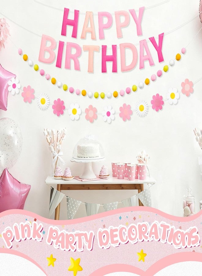Mindsoft Pre Strung 3 Pcs Happy Birthday Banner Felt Ball Garland Pink and White Flower Banner Reusable Bulk Pink Birthday Decorations for Girls Boys Women Men - Image 2