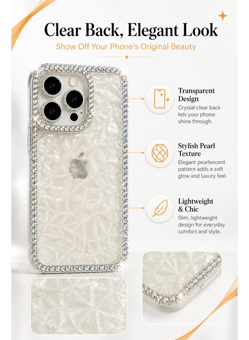 AL RAID Luxury Bling Rhinestone Clear Phone Case for iPhone 15 pro max, Sparkly Crystal Diamond Protective Cover with Transparent Pearl Texture Back, Raised Camera Protection, Shockproof Bumper Edge, Stylish Phone Case for Women Girls - Image 3