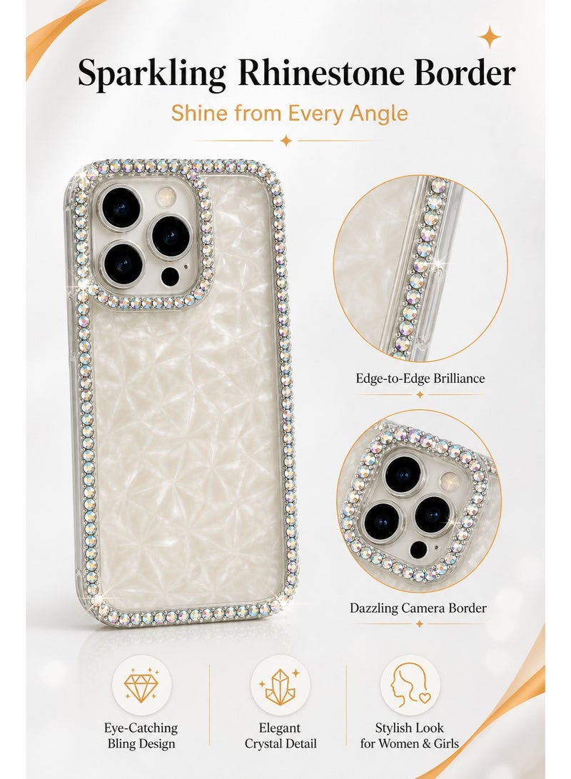 AL RAID Luxury Bling Rhinestone Clear Phone Case for iPhone 15 pro max, Sparkly Crystal Diamond Protective Cover with Transparent Pearl Texture Back, Raised Camera Protection, Shockproof Bumper Edge, Stylish Phone Case for Women Girls - Image 2