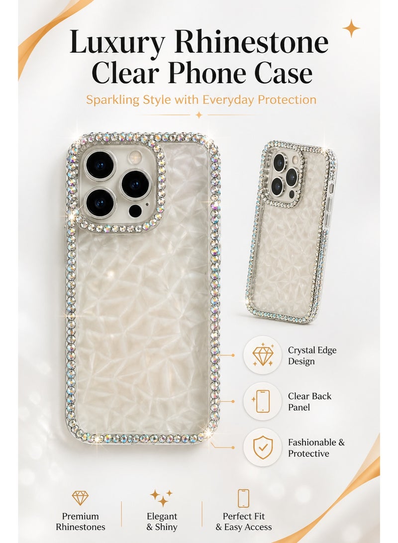 AL RAID Luxury Bling Rhinestone Clear Phone Case for iPhone 15 pro max, Sparkly Crystal Diamond Protective Cover with Transparent Pearl Texture Back, Raised Camera Protection, Shockproof Bumper Edge, Stylish Phone Case for Women Girls - Image 1