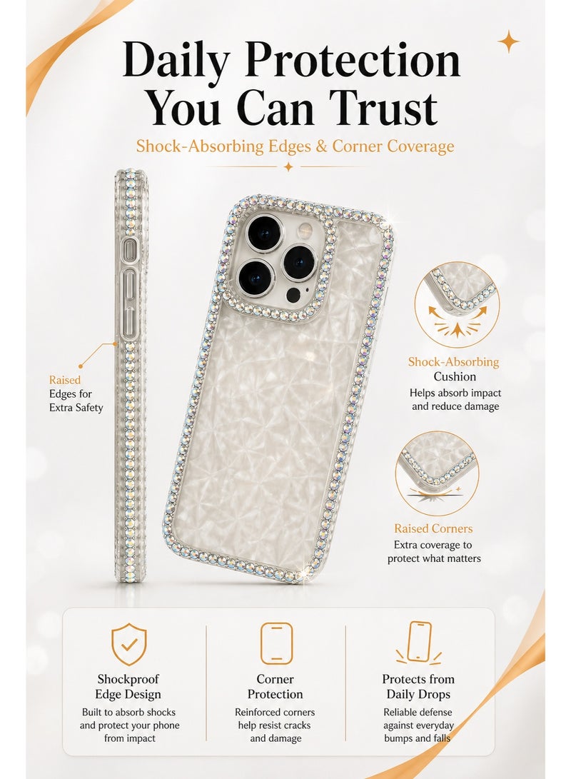AL RAID Luxury Bling Rhinestone Clear Phone Case for iPhone 15 pro max, Sparkly Crystal Diamond Protective Cover with Transparent Pearl Texture Back, Raised Camera Protection, Shockproof Bumper Edge, Stylish Phone Case for Women Girls - Image 5