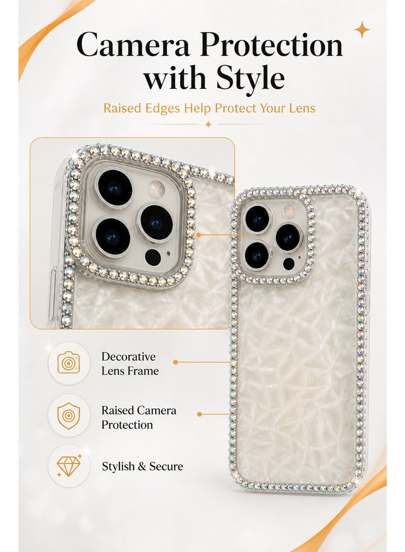 AL RAID Luxury Bling Rhinestone Clear Phone Case for iPhone 15 pro max, Sparkly Crystal Diamond Protective Cover with Transparent Pearl Texture Back, Raised Camera Protection, Shockproof Bumper Edge, Stylish Phone Case for Women Girls - Image 4