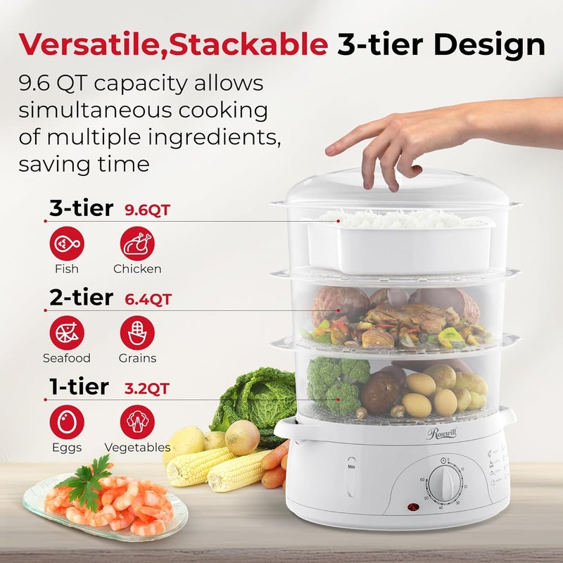 Rosewill بخار كهربائي للطعام مع 3 طبقات خالية من BPA، سلال قابلة للتكديس، آمنة للغسل في غسالة الصحون، 800 واط مع تسخين بخار سريع خلال 40 ثانية، إيقاف تلقائي ومؤقت لمدة 60 دقيقة، سعة 9.5 كوارت - أبيض - Image 2