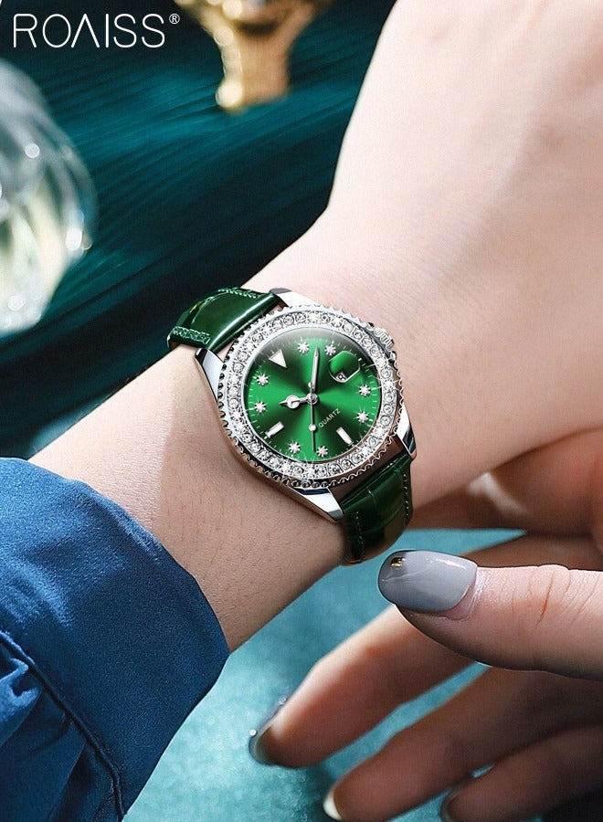 roaiss Women's Leather Strap Quartz Watch Analog Display Round Green Dial with Zirconium Diamond Decoration Waterproof Luxurious Wristwatch as Gift for Ladies - Image 1