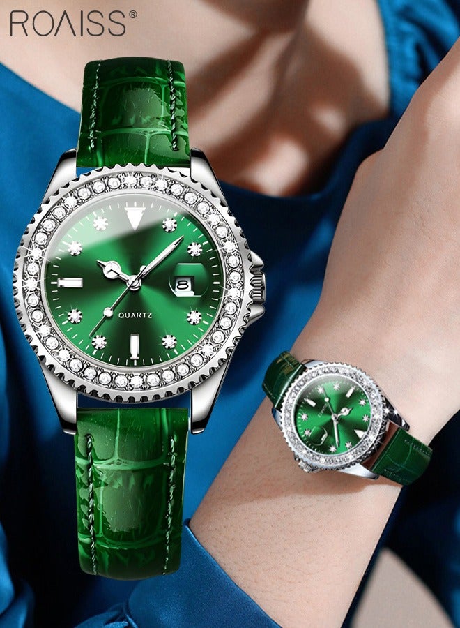 roaiss Women's Leather Strap Quartz Watch Analog Display Round Green Dial with Zirconium Diamond Decoration Waterproof Luxurious Wristwatch as Gift for Ladies - Image 2
