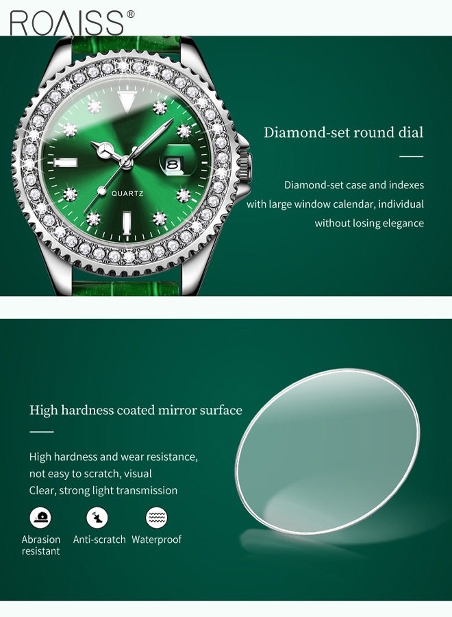 roaiss Women's Leather Strap Quartz Watch Analog Display Round Green Dial with Zirconium Diamond Decoration Waterproof Luxurious Wristwatch as Gift for Ladies - Image 5