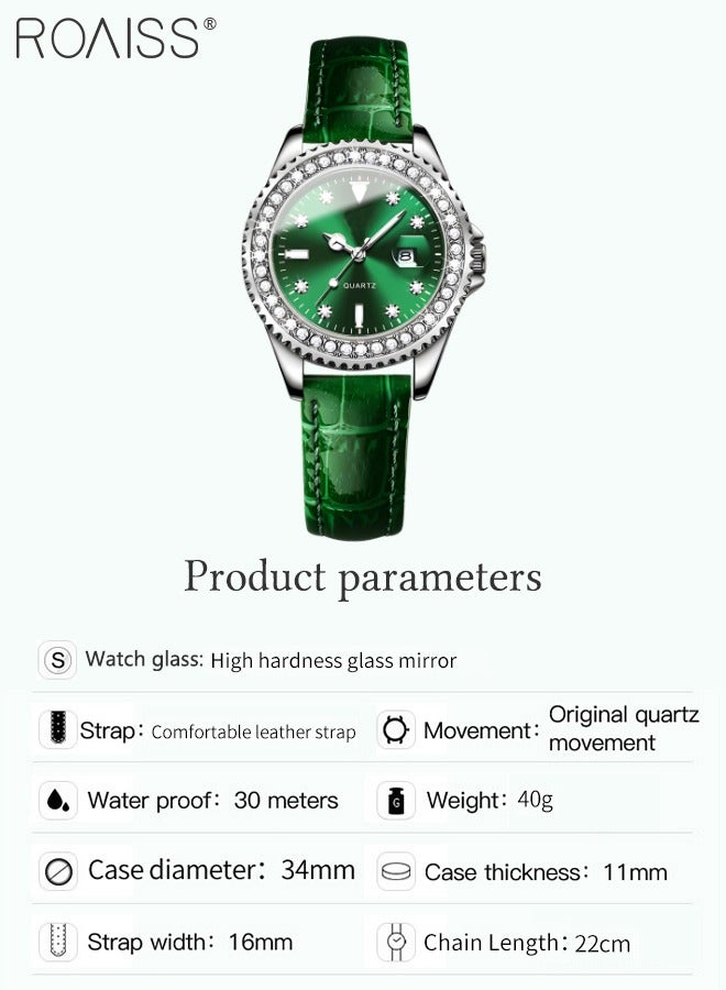 roaiss Women's Leather Strap Quartz Watch Analog Display Round Green Dial with Zirconium Diamond Decoration Waterproof Luxurious Wristwatch as Gift for Ladies - Image 4