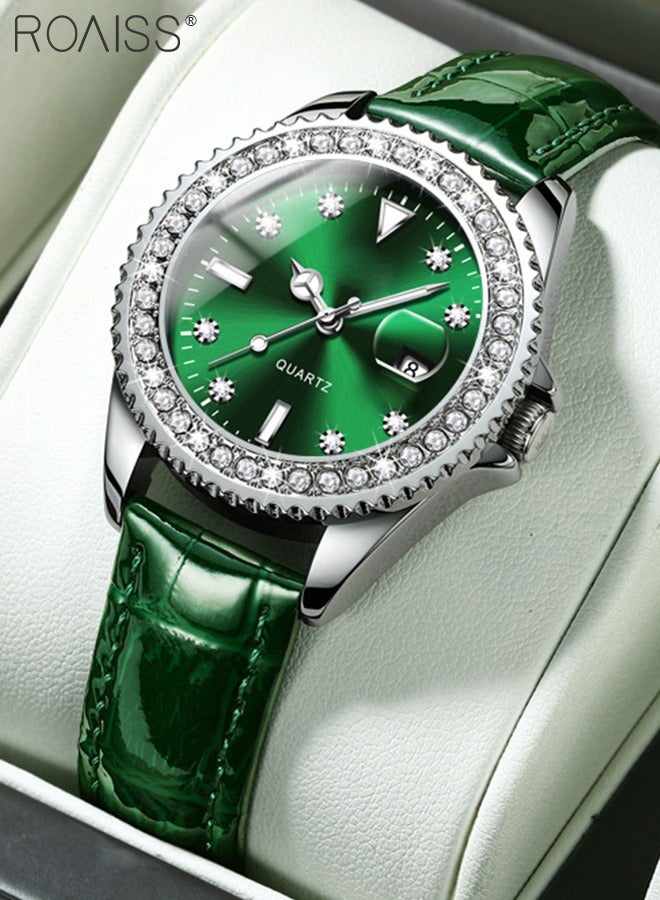 roaiss Women's Leather Strap Quartz Watch Analog Display Round Green Dial with Zirconium Diamond Decoration Waterproof Luxurious Wristwatch as Gift for Ladies - Image 3