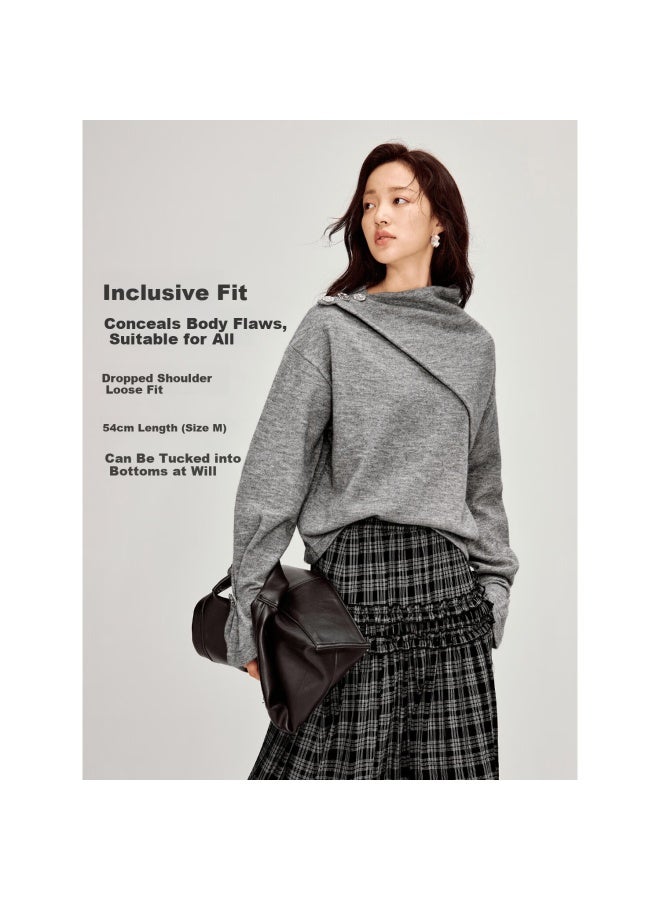 Inman French Style Asymmetric Metal Button Knit Sweater 26 Spring Women's New Premium Pullover Gray L - Image 2