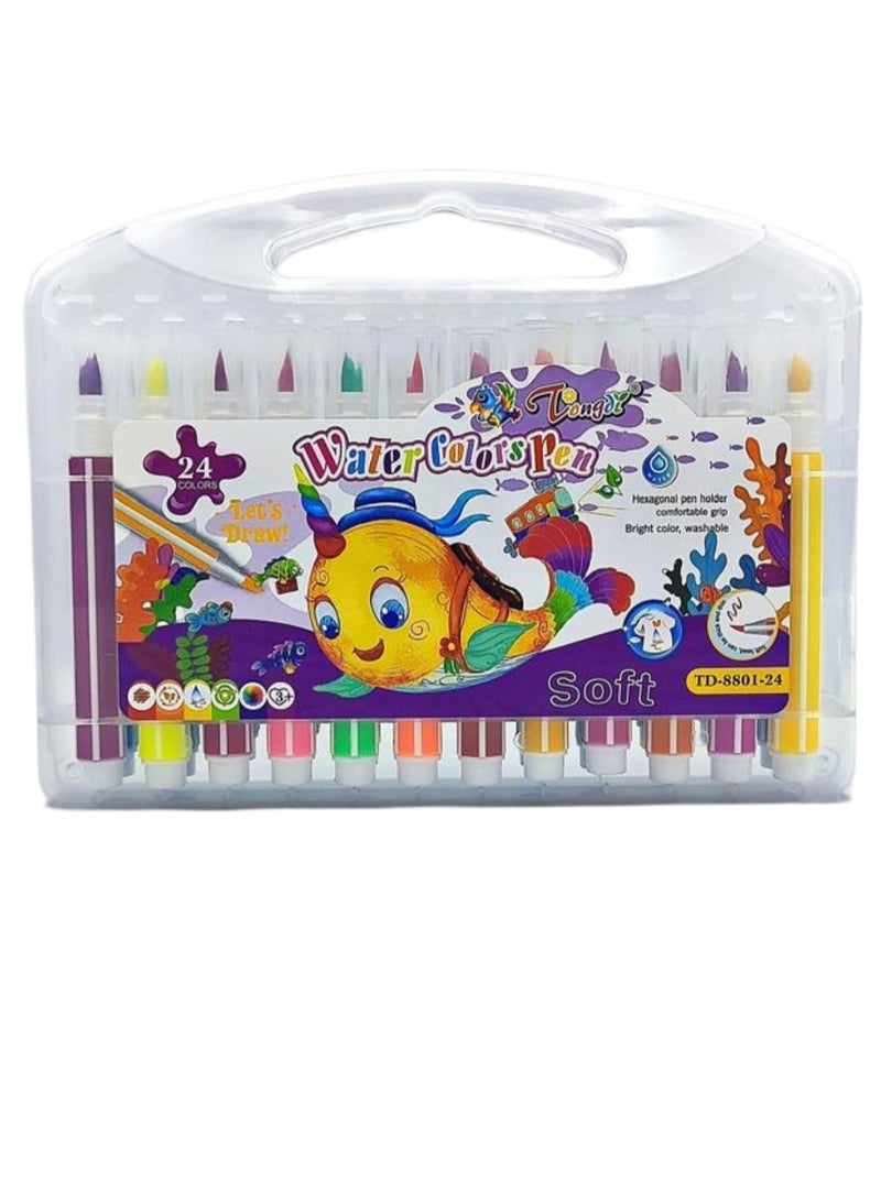 Generic Premium 24-Color Washable Water Color Pen Set for Kids - Non-Toxic, Bright, and Fun Markers in a Convenient Carry Case - Perfect for Drawing, Coloring, and Craft Projects!  - Image 1