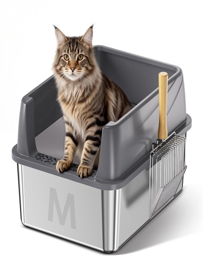 Bsemax Stainless Steel Litter Box with Lid: Metal Cat Litter Box with Mat & Scoop, High Sided Kitty Litter Pan Tray, 17.32''L x 13.43''W x 8.5''H, Non-Sticky, Anti-Leakage, Easy Cleaning (Dark Gray) - Image 1