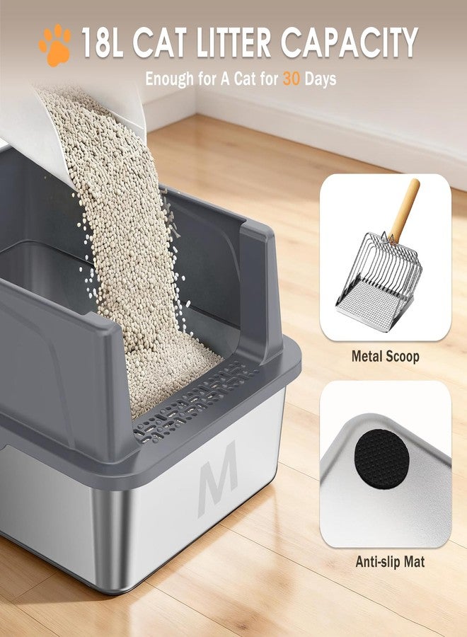 Bsemax Stainless Steel Litter Box with Lid: Metal Cat Litter Box with Mat & Scoop, High Sided Kitty Litter Pan Tray, 17.32''L x 13.43''W x 8.5''H, Non-Sticky, Anti-Leakage, Easy Cleaning (Dark Gray) - Image 2