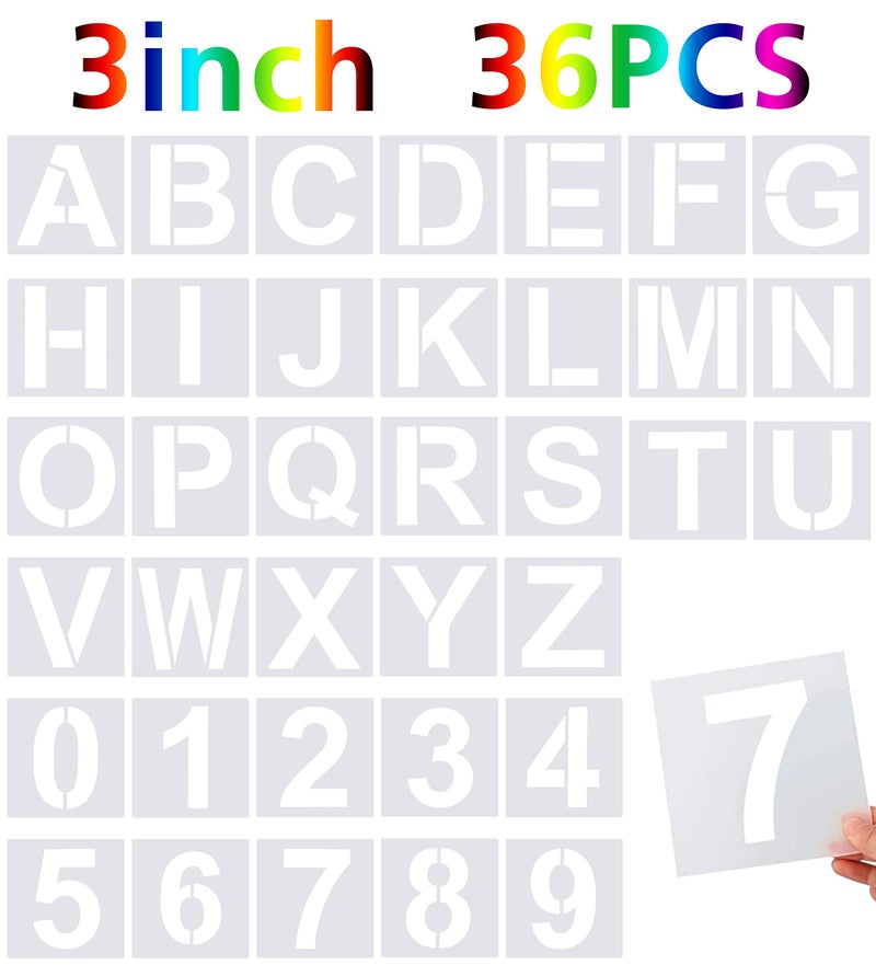 FEBSNOW 36 Piece Large Alphabet  Number Stencils  Reusable Letter Stencils for Painting on Wood Wall Fabric Rock Chalkboard  Glass 3 Inches 