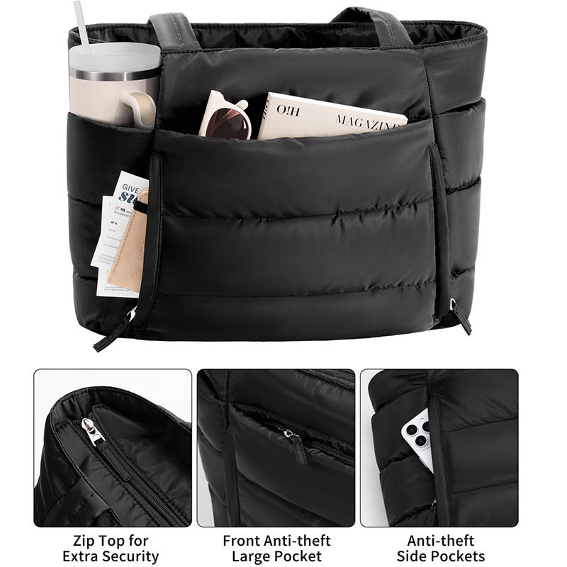 Lightweight Puffy Quilted Women's Shoulder Bag, Large Capacity Multi-Compartment Tote - Image 4