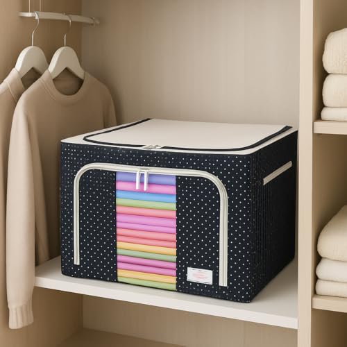 HAKKU Foldable 66L Cloth Storage Bags | Pack oF 1 | Organizer Container | Foldable Metal Frame Basket with Clear Window, Carry Handles & Sturdy Zipper for Closet (Blue Dot, 66 Ltr - Pack of 1) - Image 3