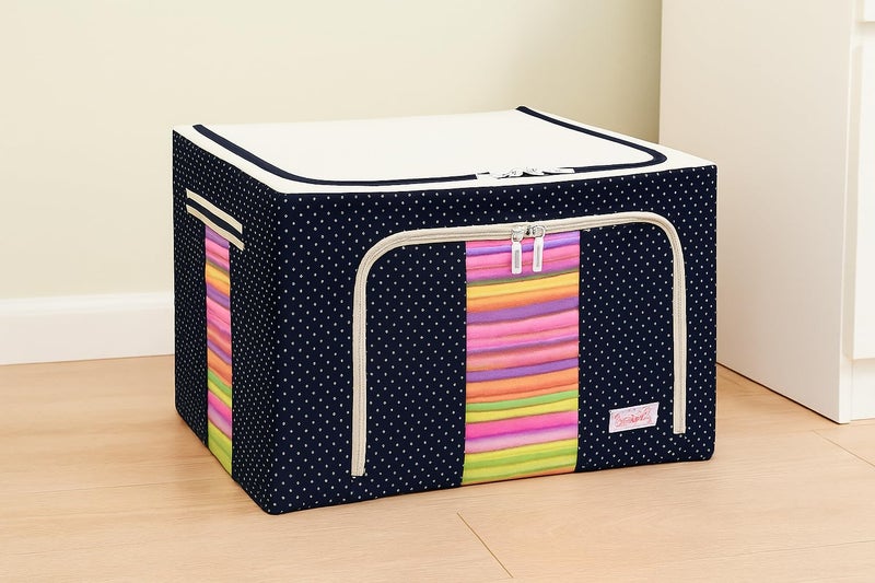 HAKKU Foldable 66L Cloth Storage Bags | Pack oF 1 | Organizer Container | Foldable Metal Frame Basket with Clear Window, Carry Handles & Sturdy Zipper for Closet (Blue Dot, 66 Ltr - Pack of 1) - Image 1