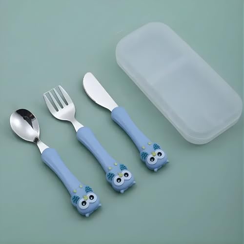 Hian Kids Feeding Spoons Set with Carry Case – 304 Stainless Steel Spoon, Fork & Knife, Bird Design Handle, Easy to Carry for Lunch Box, Travel, Picnic – Blue Color, Pack of 3 - Image 2