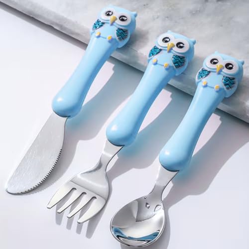 Hian Kids Feeding Spoons Set with Carry Case – 304 Stainless Steel Spoon, Fork & Knife, Bird Design Handle, Easy to Carry for Lunch Box, Travel, Picnic – Blue Color, Pack of 3 - Image 1