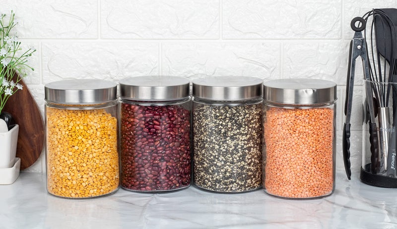 Femora Glass Jars for Kitchen| Glass Storage Containers Jars for Kitchen| Round Glass Jars| 1 Year Warranty| Airtight Lid| Jars for Snacks, Fry Food, Masala, Spice, Pickles, Cookies| 1100ml| Pack of 4 - Image 1