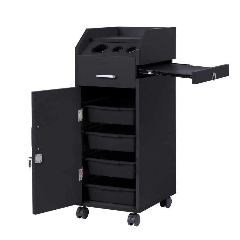 GODECOR Beauty Salon Trolley Cart Salon Cabinet with 360 Wheels 3 Hair Dryer Holders 4 Drawers 2 Lockable Keys Salon Station Rolling Cart for Hair Stylist Beauty Spa Barbershop Black