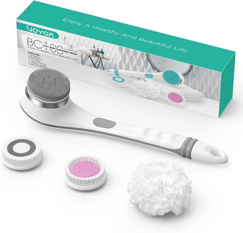 VOYOR Electric Body Brush Back Scrubber for Shower Rechargeable Exfoliating Bath Brush Powered Shower Brush with Non-Slip Long Handle Deep Cleansing, Exfoliation, Massaging Spin Brush BC100 (Gery)