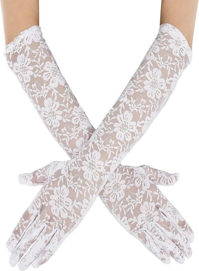 MIKONIKO Long Lace Gloves Bridal Gloves for Wedding Lace Gloves for Women Floral Opera Gloves Stretchy Elbow Length Gloves Party Costumes_White - Image 1