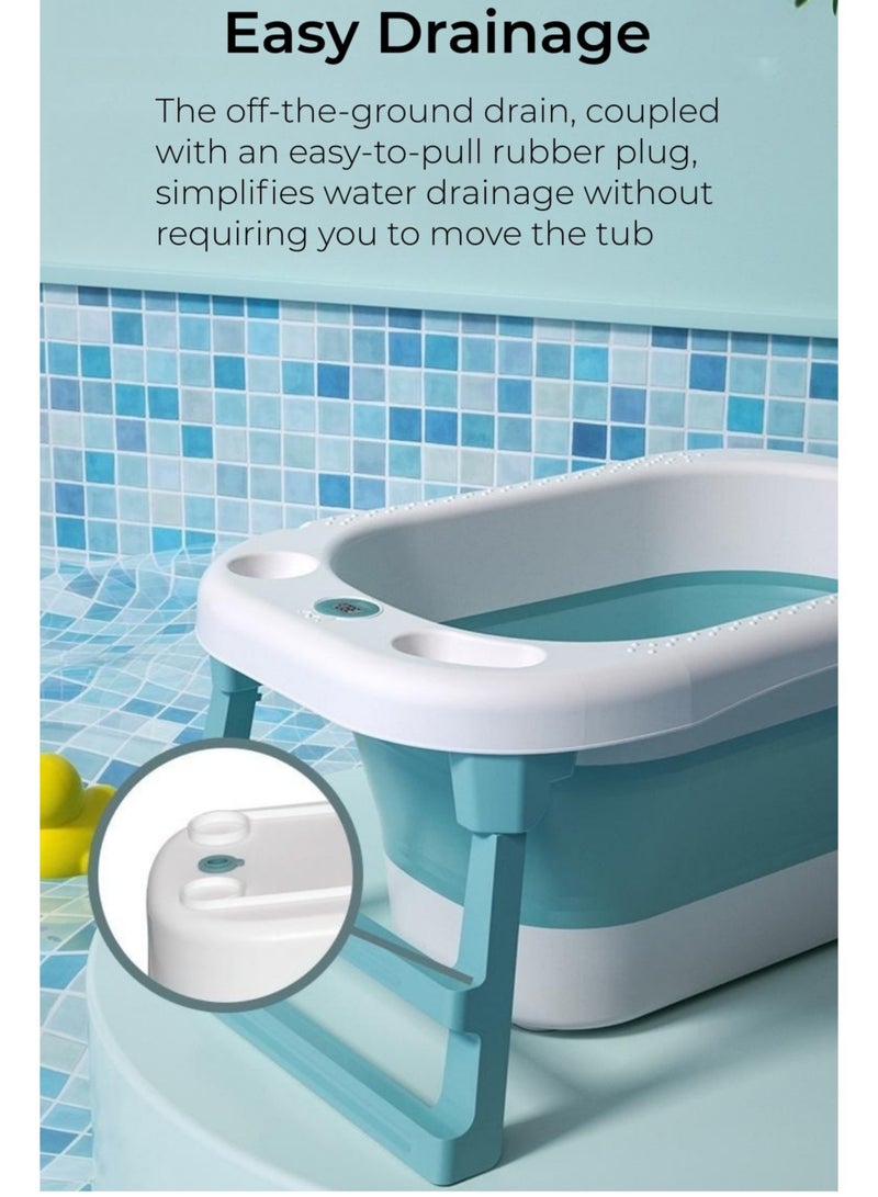 عشرة أشهر رحلة حوض استحمام للأطفال مع مقعد ومقياس حرارة، حوض استحمام محمول قابل للطي للسفر مع فتحة تصريف، متين وقابل للطي مع دعم للساق غير قابل للانزلاق، حوض استحمام للأطفال حديثي الولادة وحتى الأطفال الصغار - Image 2