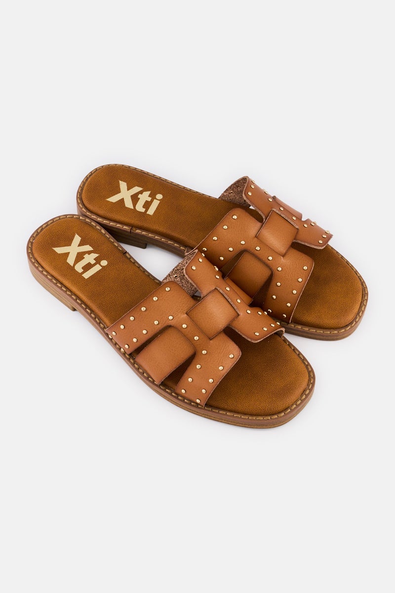 Xti Women Slip On Leather Sandals, Brown - Image 2
