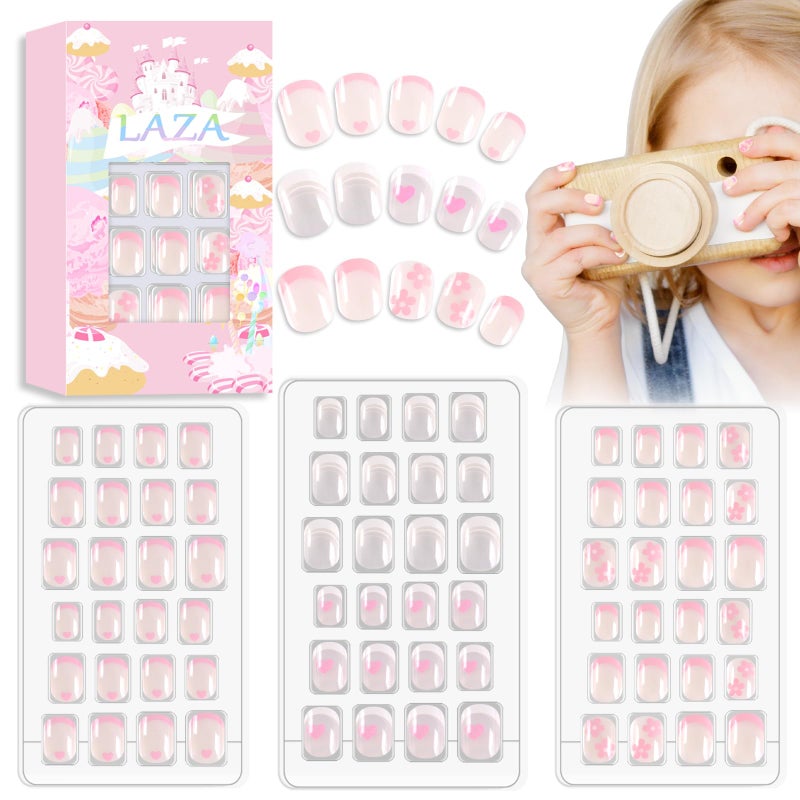 Laza 72pcs Children Nails Press On Pre-glue Full Cover White Pink Heart Flower Short False Nail Kits for Kids Teenager Girls - French Manicure - Image 1