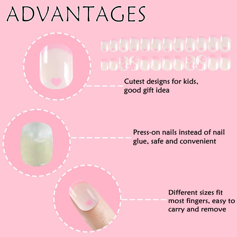 Laza 72pcs Children Nails Press On Pre-glue Full Cover White Pink Heart Flower Short False Nail Kits for Kids Teenager Girls - French Manicure - Image 4