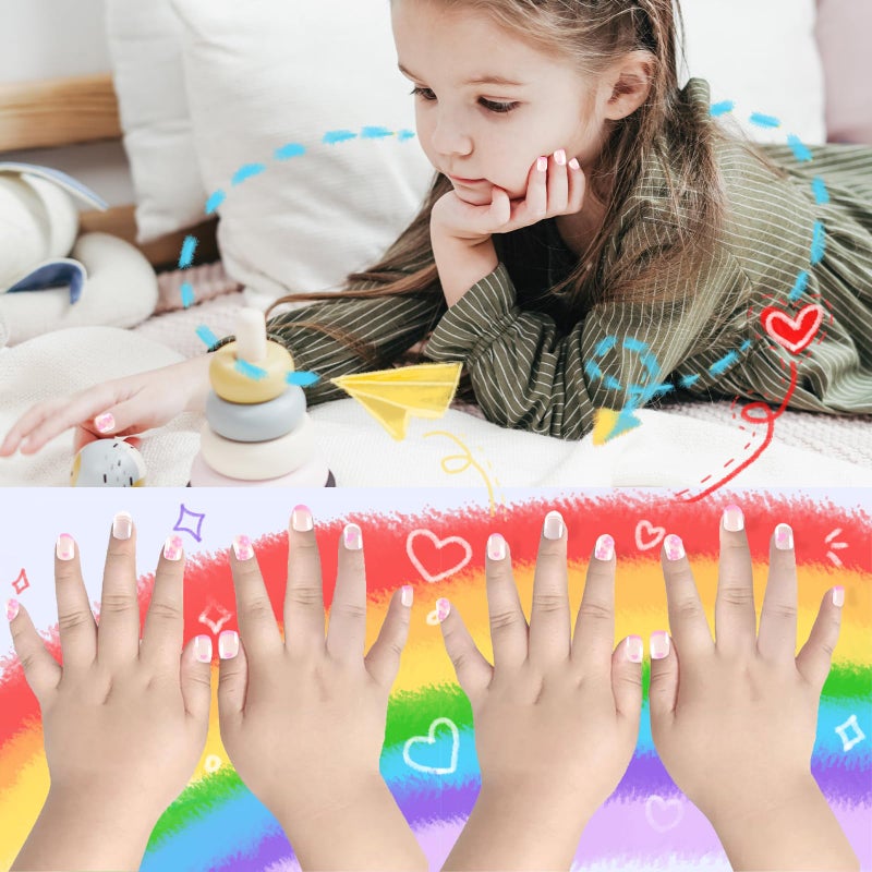 Laza 72pcs Children Nails Press On Pre-glue Full Cover White Pink Heart Flower Short False Nail Kits for Kids Teenager Girls - French Manicure - Image 3